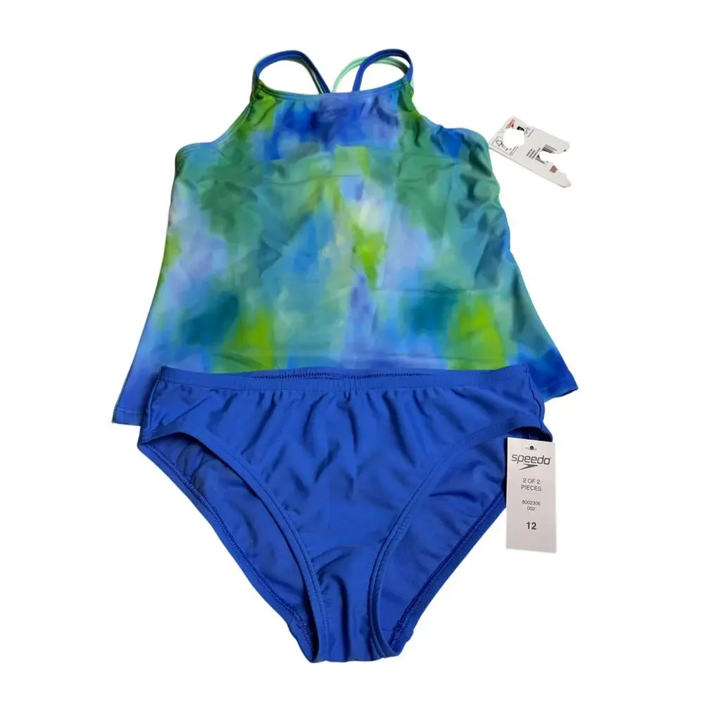Speedo Girls Size 12 2 Piece Tankini Swimsuit Blue Green Strappy NWT UPF 50+
